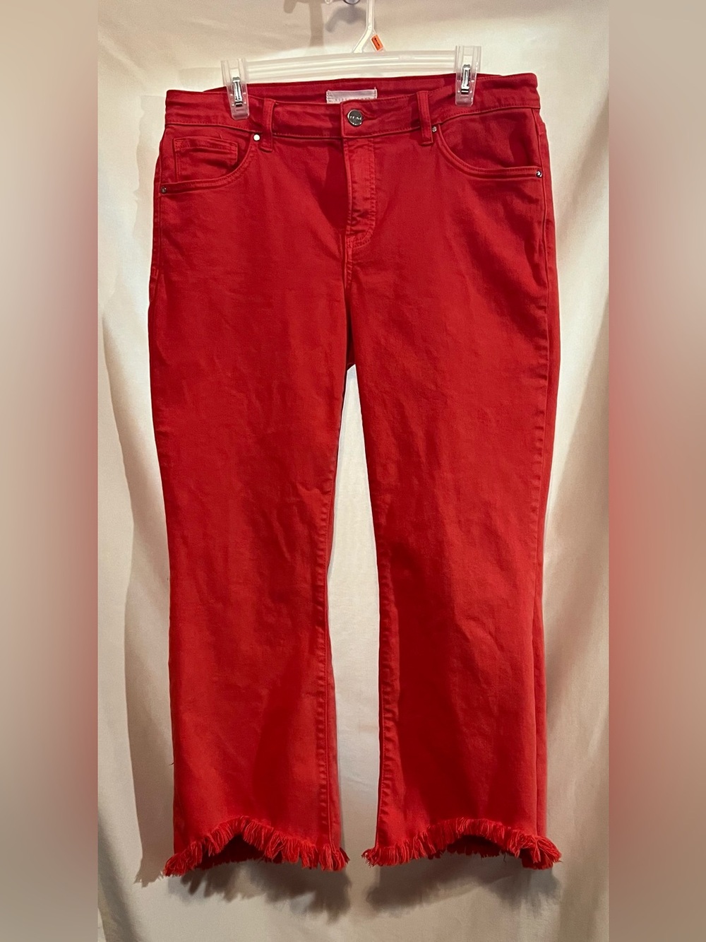 Neona Risen Women’s Watermelon Red Flare Jeans with Frayed Hem - Picture 3 of 9